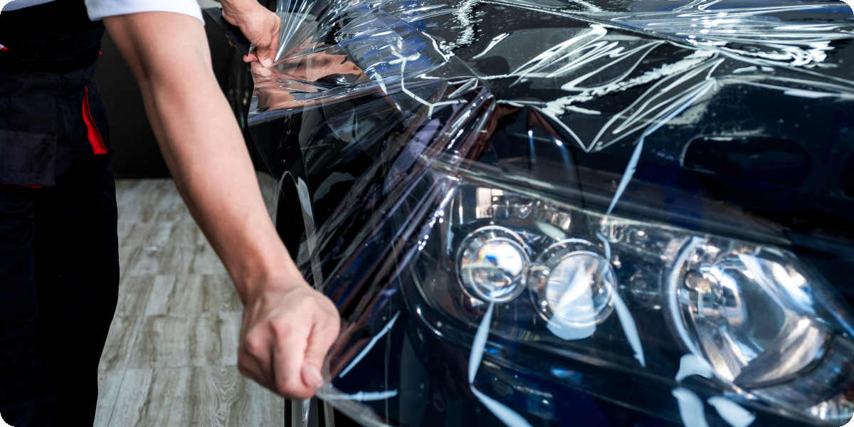 Eine schwarze Motorhaube wird mit einer durchsichtigen Schutzfolie bezogen.